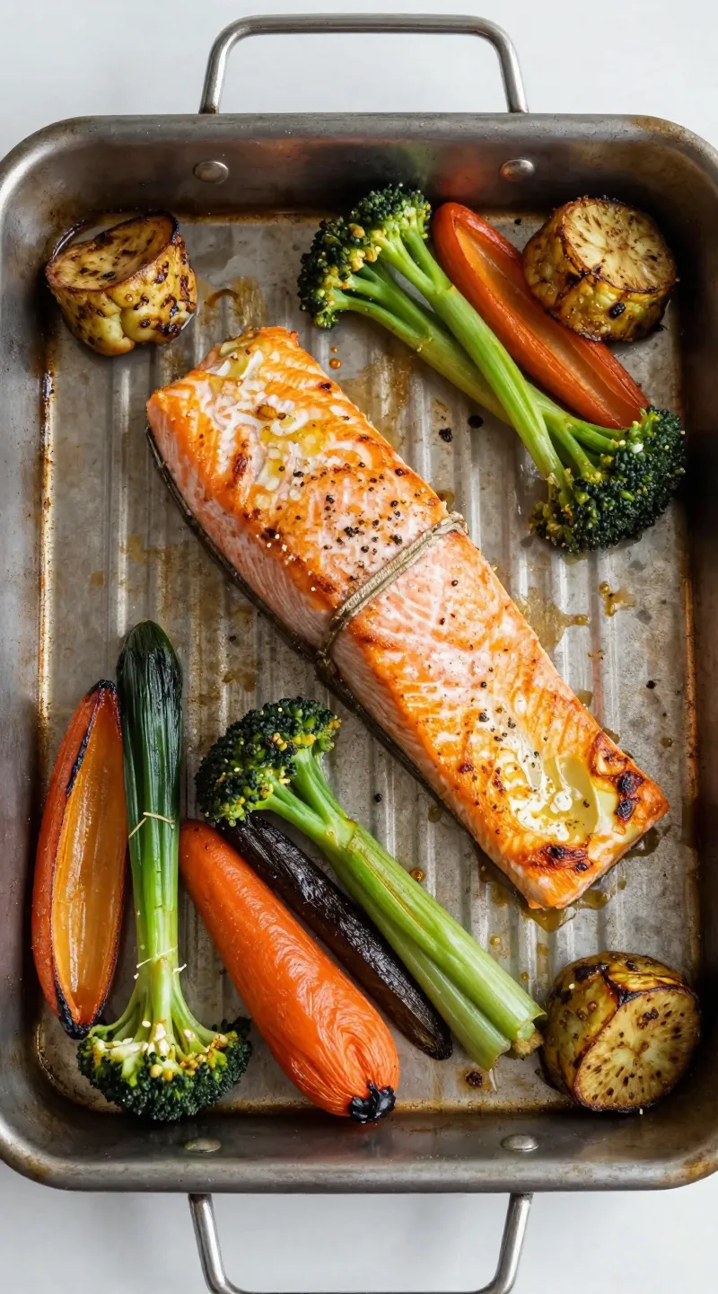 baked salmon and roasted vegetables on sheet pan