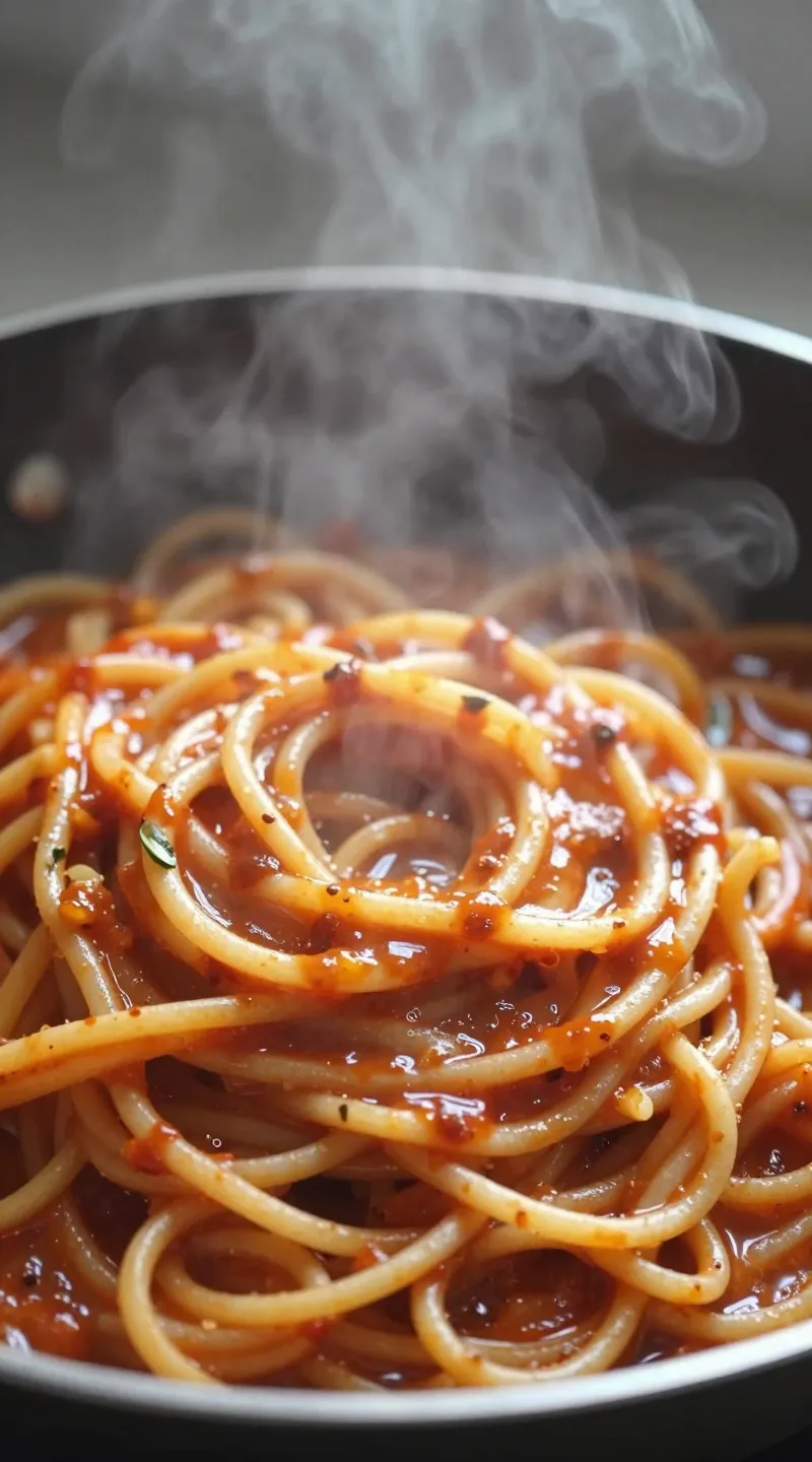 Spaghetti twirled in glossy pan sauce, steam rising