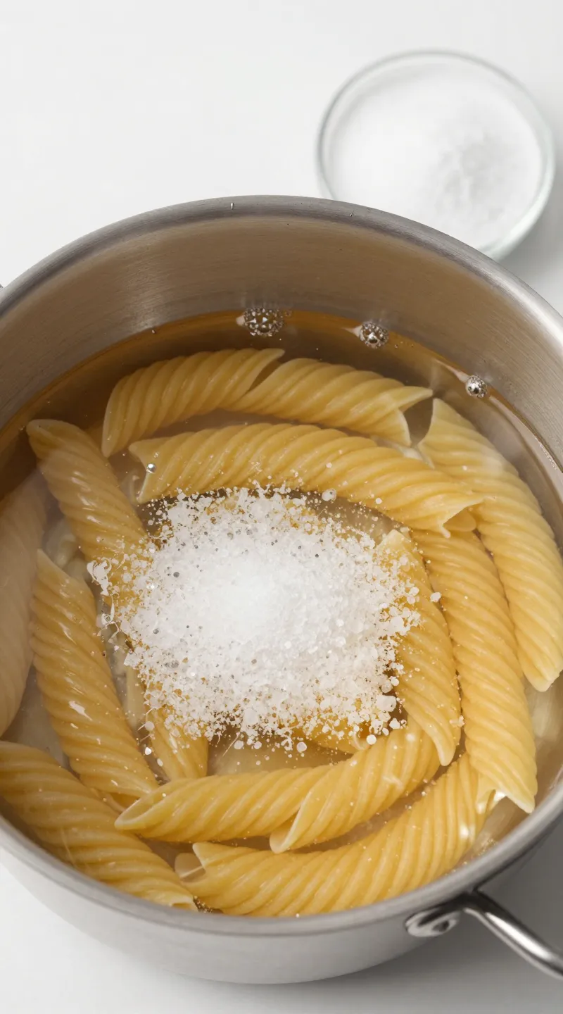 Salty pasta water in stainless pot, coarse salt beside