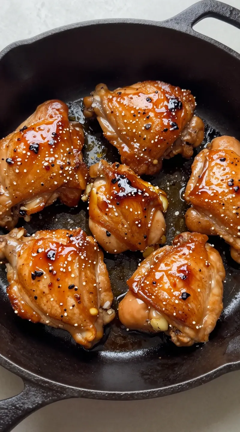 sticky honey garlic chicken thighs in glossy glaze, cast-iron skillet