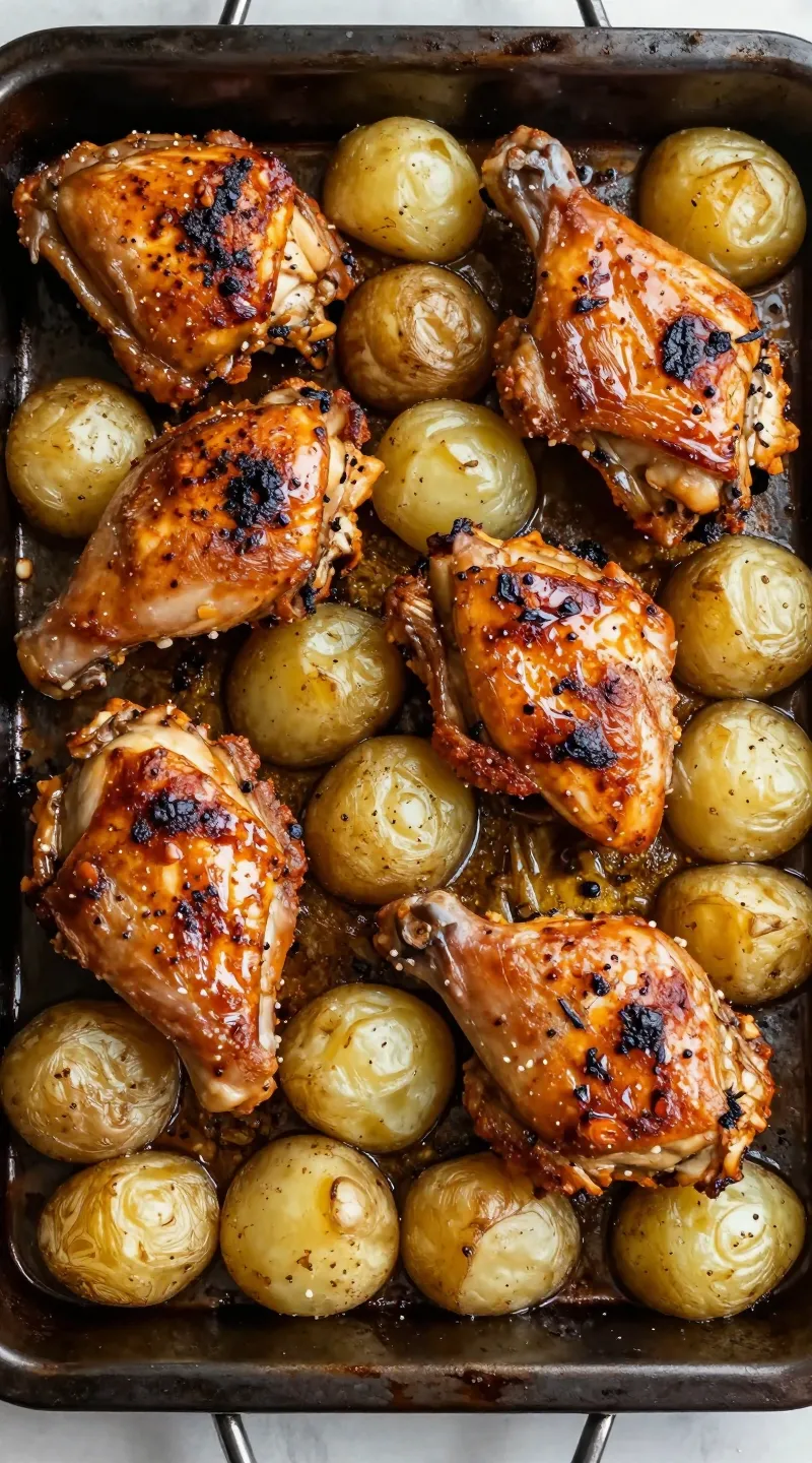 roasted chicken thighs and baby potatoes on sheet pan