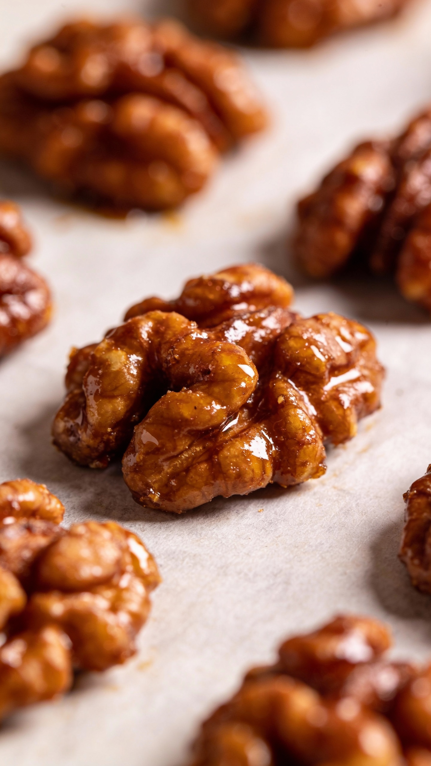 close-up candied pecans glossy on parchment, studio lighting