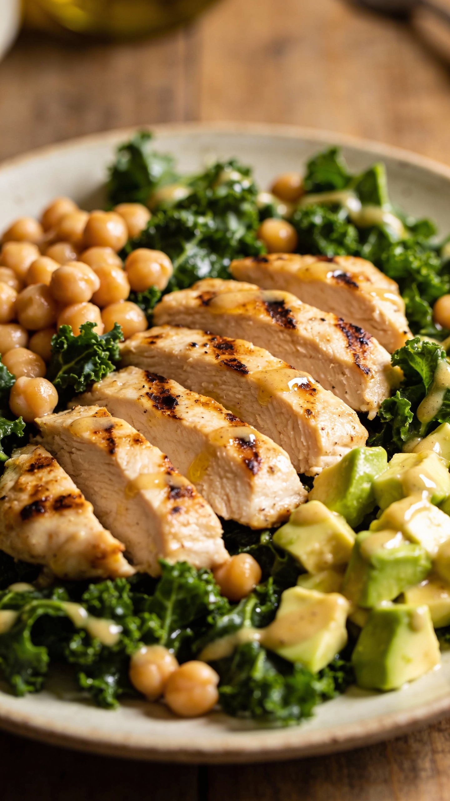 grilled chicken kale salad with chickpeas and avocado