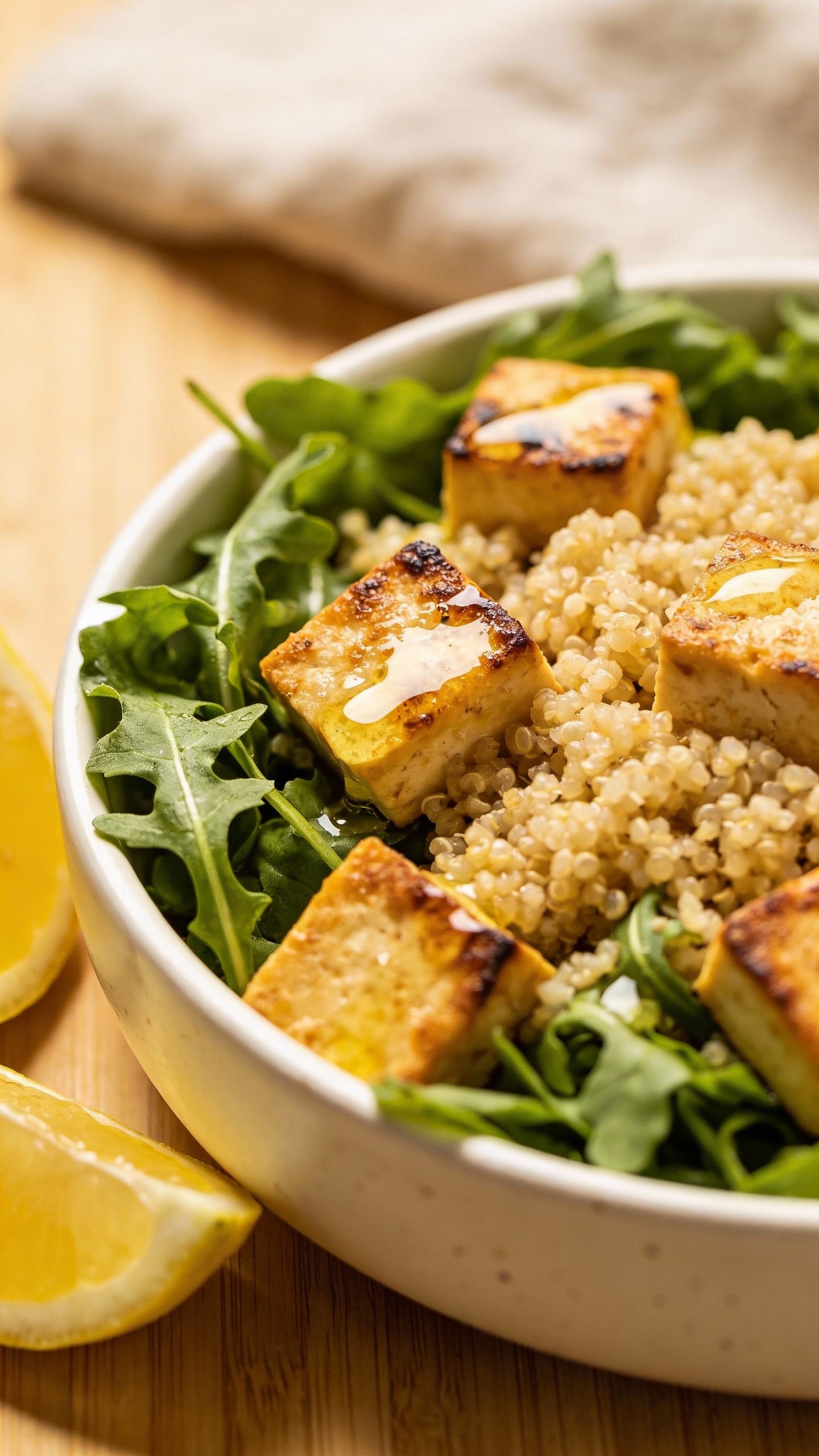 seared tofu arugula salad with quinoa and lemon dressing