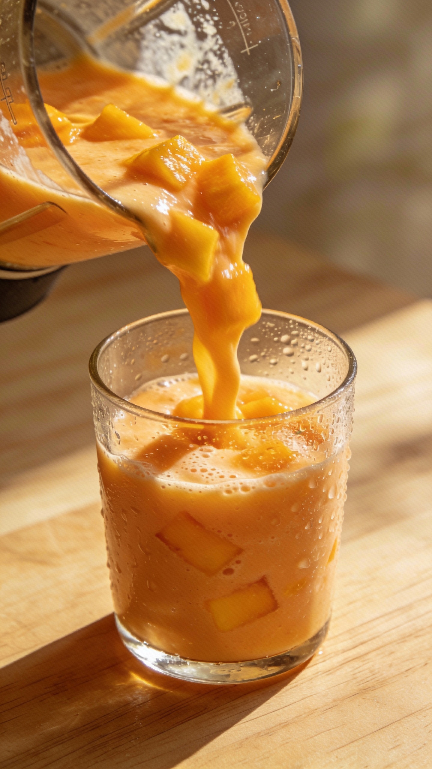 blender pouring mango yogurt smoothie into clear glass, morning light