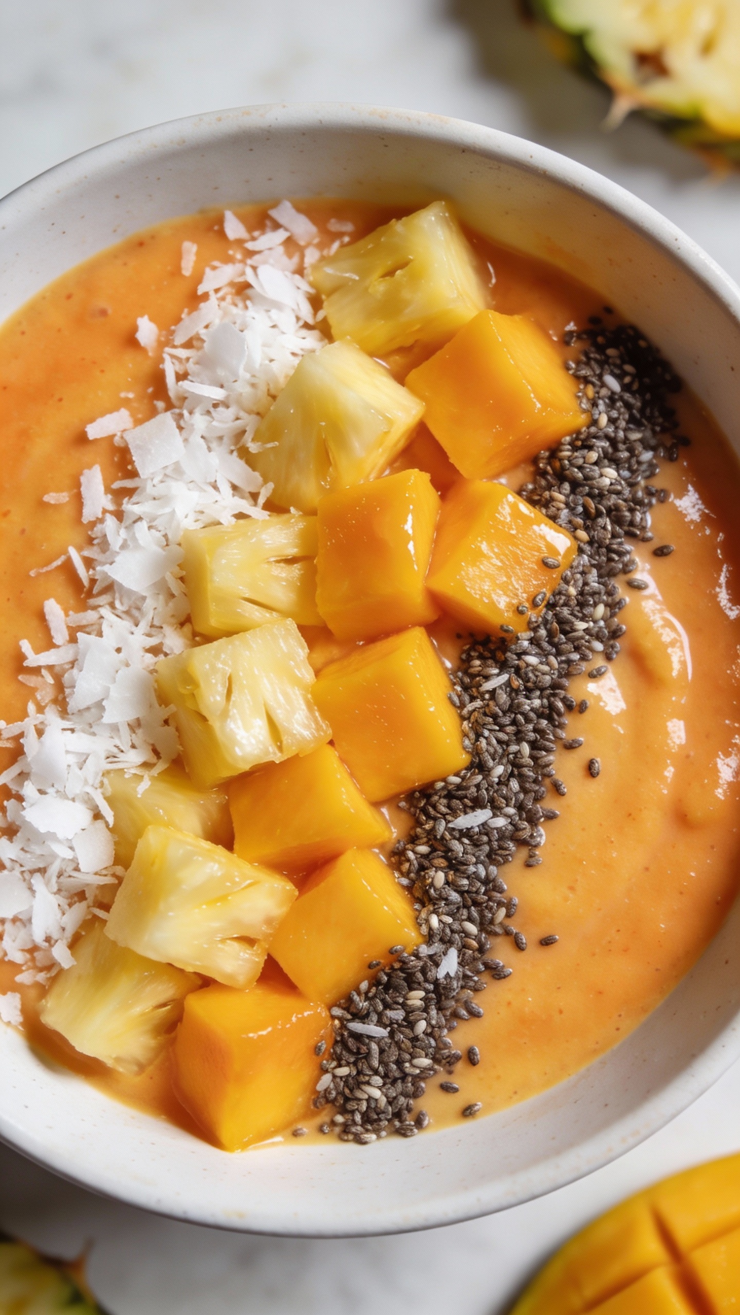Tropical smoothie bowl with mango, pineapple, chia, coconut