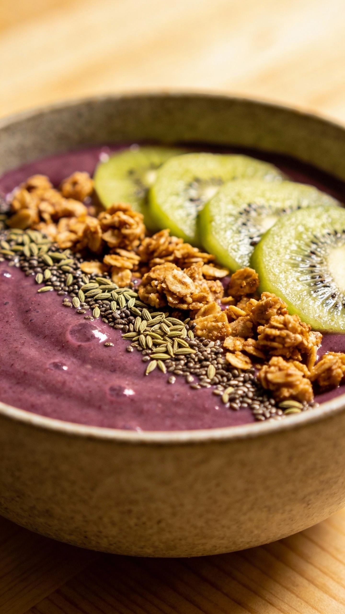 Acai smoothie bowl topped with kiwi, granola, hemp seeds