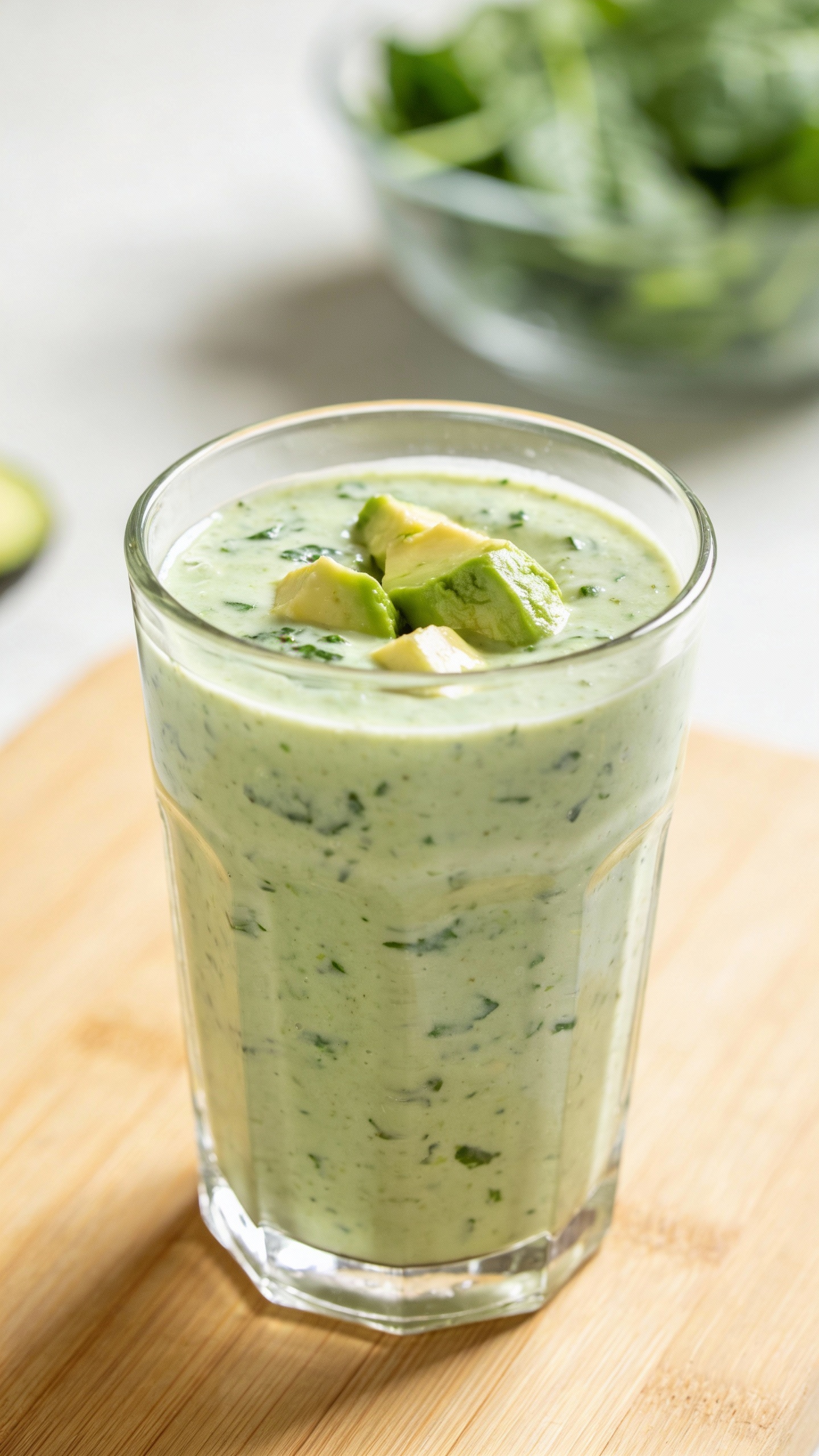 Spinach avocado smoothie in clear glass, soft morning light