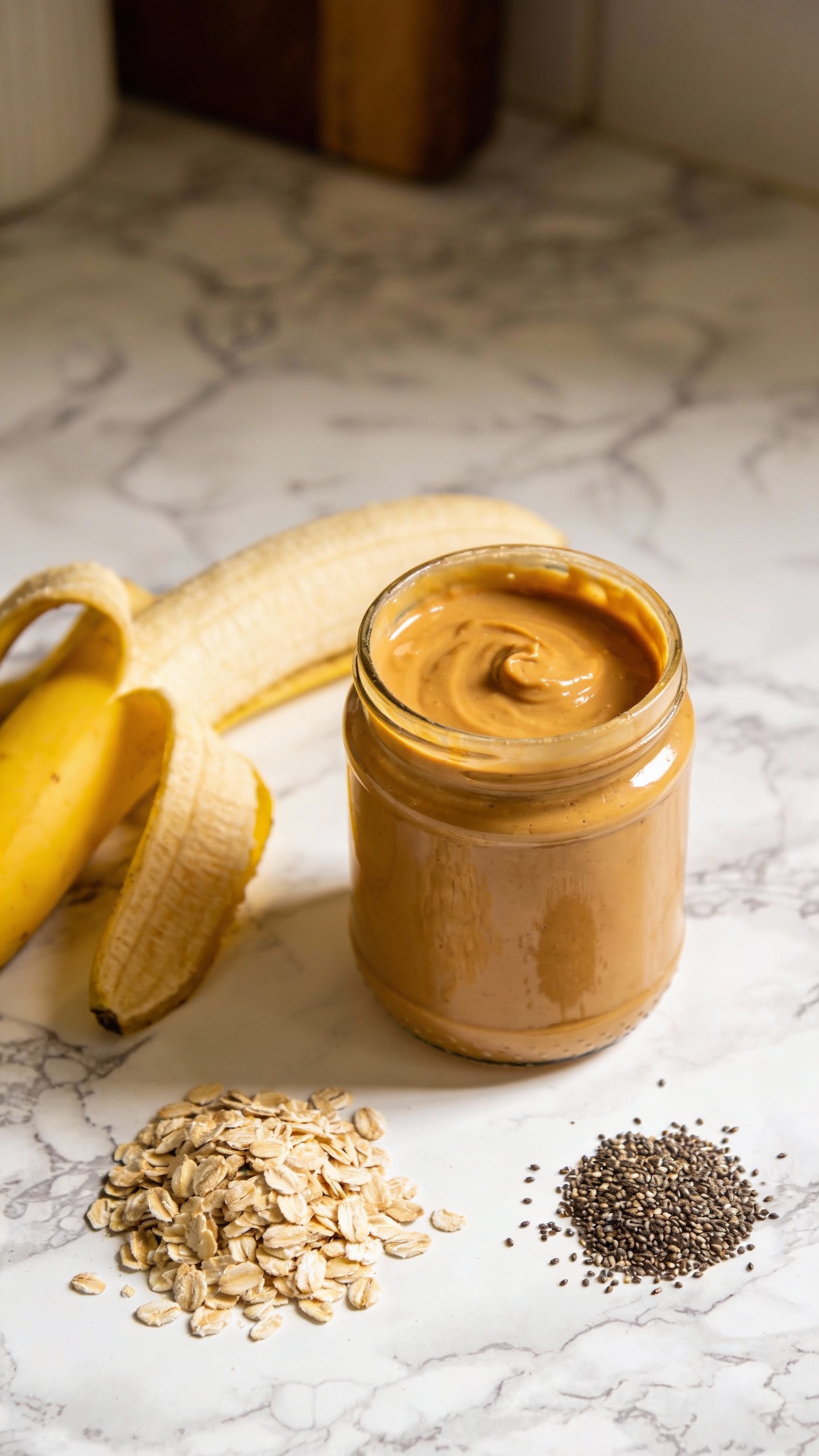 Banana, peanut butter jar, oats, chia on marble countertop