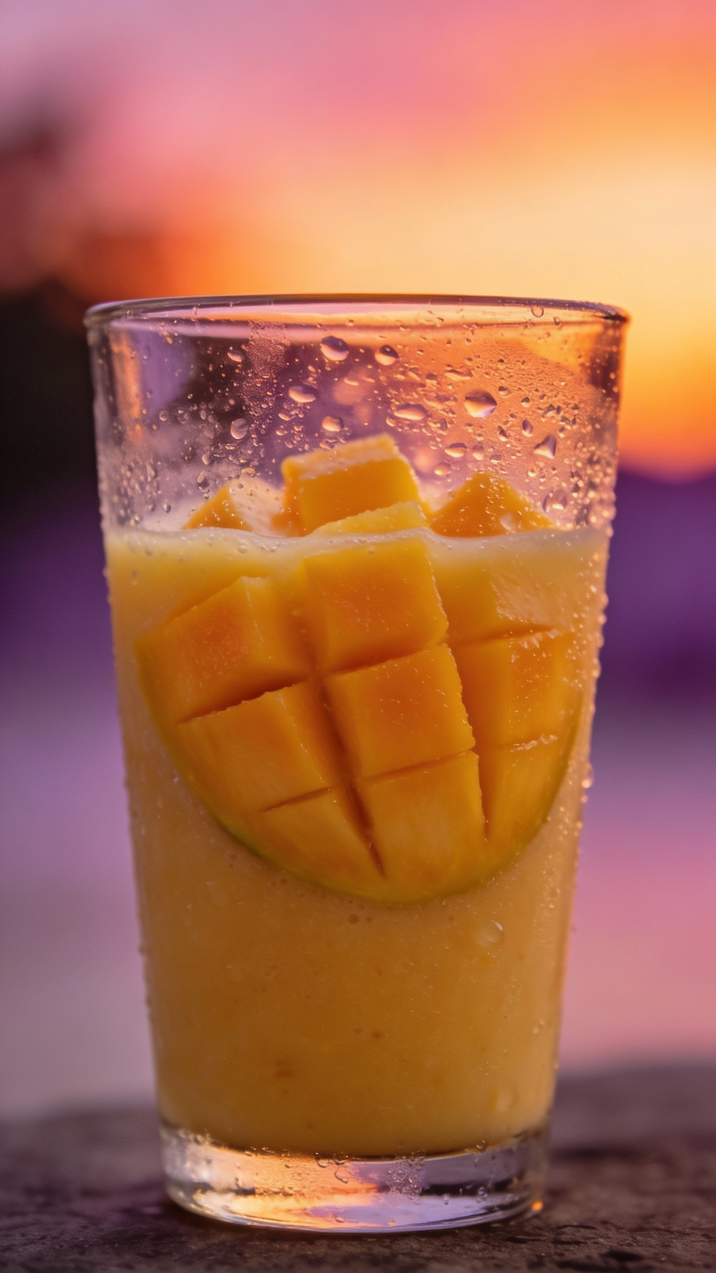 mango pineapple smoothie in clear glass, sunset gradient, condensation