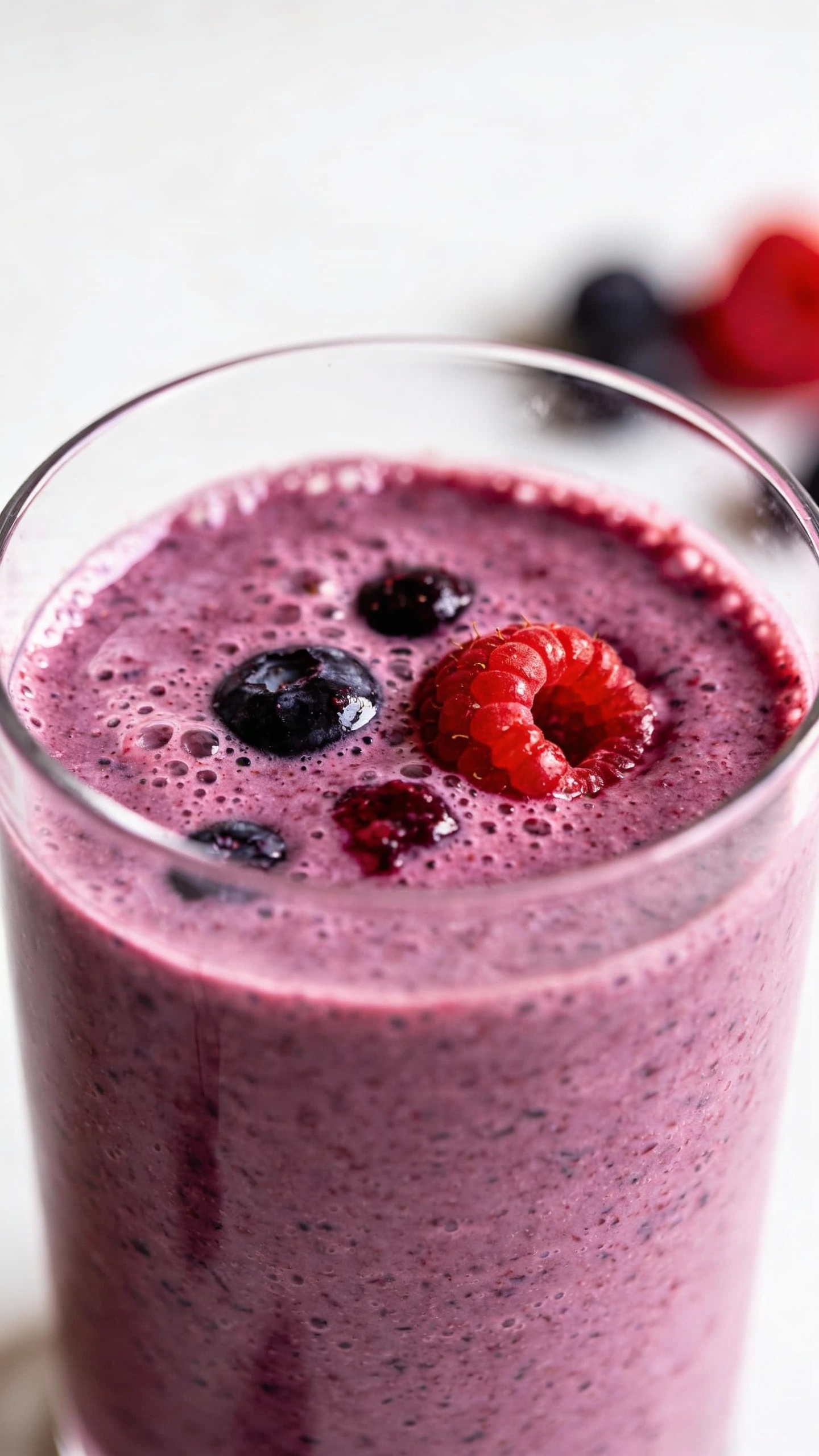 Mixed berry protein smoothie in clear glass, studio lighting
