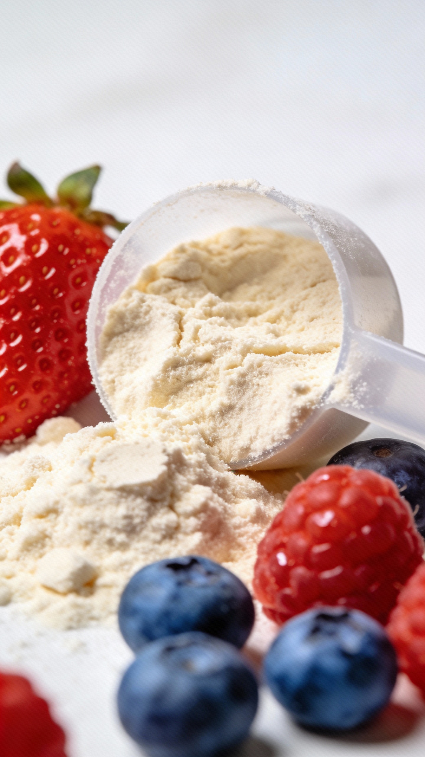 Scoop of vanilla protein beside fresh berries, white background